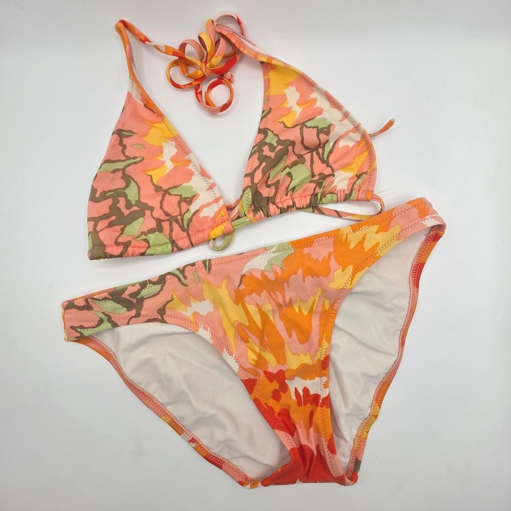 J.Crew Bikini Set Orange Pink Abstract Floral Halter Two Piece Womens Medium